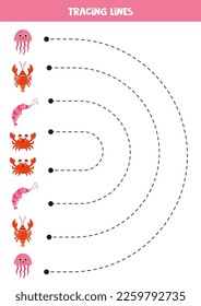 Tracing lines for kids. Cute sea animals. Handwriting practice for children.