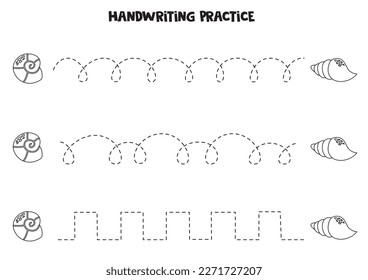 Tracing lines for kids with cute seashells. Black and white worksheet.