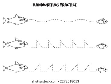Tracing lines for kids with cute shark and fish. Black and white worksheet.