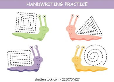 Tracing lines for kids with cute snail. Handwriting practice. Help the snails, draw a line. Paint the snail shell.