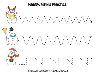 Tracing lines for kids with cute snowmen. Handwriting practice.