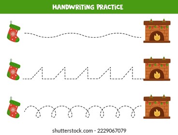 Tracing lines for kids with cute socks and fireplaces. Handwriting practice.