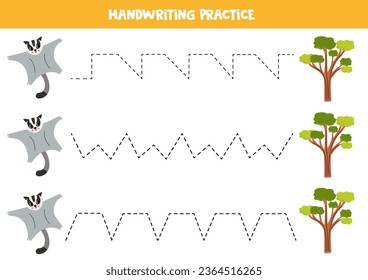 Trainingslinien für Kinder. Rutschenzuckerflieger und Baum. Handschriftliche Praxis für Kinder.