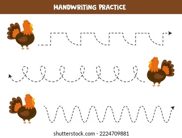 Tracing lines for kids with cute turkey. Handwriting practice.