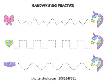 Tracing Lines For Kids With Cute Unicorn Elements. Handwriting Practice.