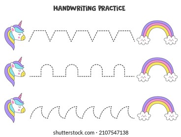 Tracing Lines For Kids With Cute Unicorn And Rainbow. Handwriting Practice.