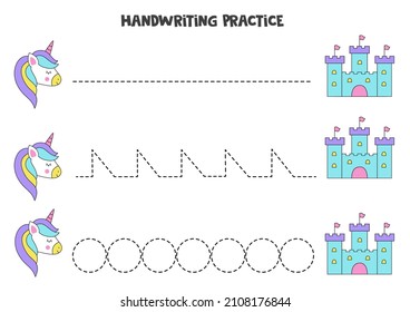 Tracing Lines For Kids With Cute Unicorn And Castle. Handwriting Practice.
