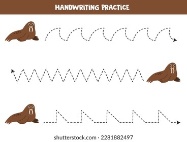 Tracing lines for kids. Cute walrus. Handwriting practice for children.