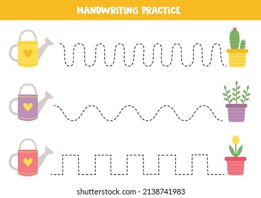 Tracing lines for kids with cute watering cans and flower pots.