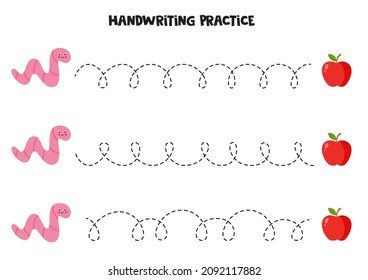 Tracing lines for kids with cute worm and apple. Handwriting practice.