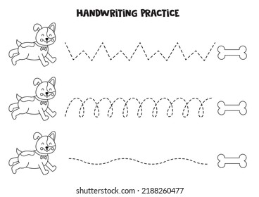 Tracing lines for kids with dog running to the bone. Black and white worksheet.