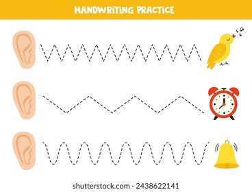 Tracing lines for kids. Ear and objects. Sense of hearing. Handwriting practice for children.