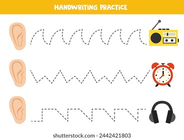 Tracing lines for kids. Ear and objects. Sense of hearing. Handwriting practice for children.