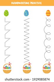 Trainingslinien für Kinder mit Ostereiern und Osterkorb. Handschriftliche Praxis für Kinder.
