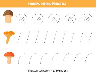 Tracing lines for kids with forest mushrooms. Handwriting practice for preschoolers. Writing skills worksheet. 