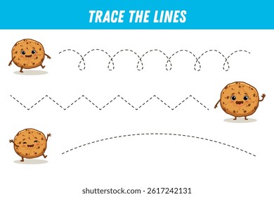 Tracing lines for kids. Funny cookie in flat style. Cute cartoon cookie. Handwriting practice. Educational game for preschool kids. Activity page. Vector illustration
