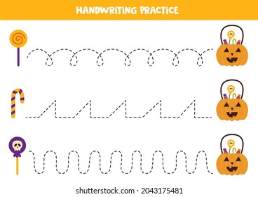 Tracing lines for kids with Halloween lantern and sweets. Handwriting practice.