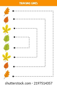 Tracing Lines For Kids With Hand Drawn Leaves. Handwriting Practice.