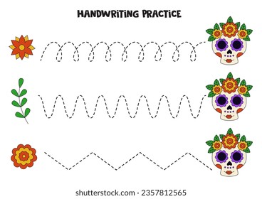 Tracing lines for kids. Hand drawn skulls for day of death. Writing practice.