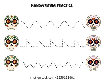 Tracing lines for kids. Hand drawn skulls for day of death. Writing practice.