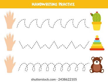 Tracing lines for kids. Hand and objects. Sense of touch. Handwriting practice for children.