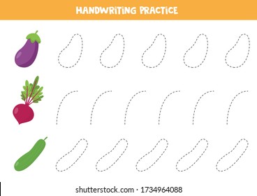 Tracing lines for kids. Handwriting practice with cartoon eggplant, beetroot and cucumber. Learning to write. Educational worksheet. Print and play.