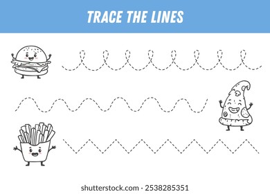 Tracing lines for kids. Handwriting practice. Educational game for kids. Activity page with fast food characters isolated on white. Cartoon hamburger, slice of pizza, french fries. Vector