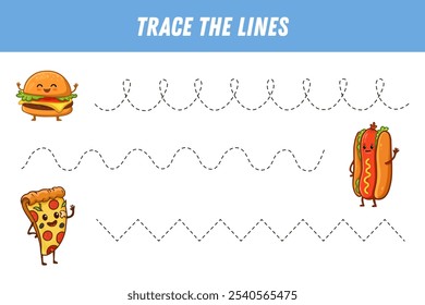 Líneas de trazado para niños. Práctica de escritura. Juego educativo para niños. Página de actividad con personajes de comida rápida aislados en blanco. Hamburguesa de dibujos animados, rebanada de pizza, perrito caliente. Vector