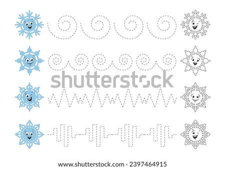 Tracing lines for kids. Handwriting practice for children. Coloring page with cute cartoon snowflakes. Vector illustration

