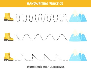 Tracing lines for kids with hiking boot and mountains. Handwriting practice.