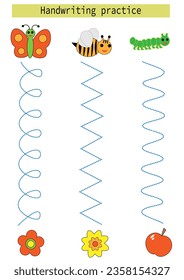 Tracing lines for kids insects butterfly bee caterpillar handwriting practice development for kids. EPS10 vector