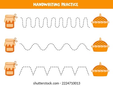Tracing lines for kids with jam and pie. Handwriting practice.