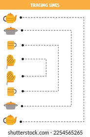 Tracing lines for kids. Kitchen utensils. Handwriting practice for children.