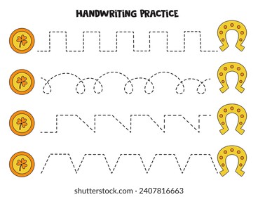 Tracing lines for kids. Lucky coins and horseshoes. Handwriting practice for children.