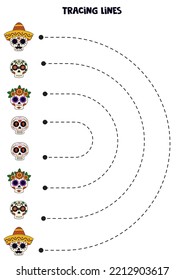 Tracing lines for kids with Mexican skulls. Handwriting practice.