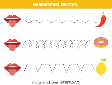 Tracing lines for kids. Mouth and objects. Sense of taste. Handwriting practice for children.
