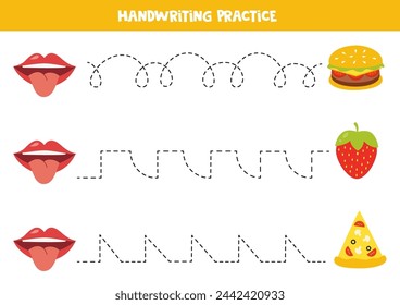 Tracing lines for kids. Mouth and objects. Sense of taste. Handwriting practice for children.