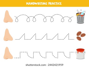 Tracing lines for kids. Nose and objects. Sense of smell. Handwriting practice for children.