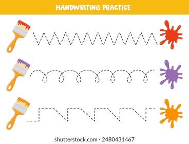 Tracing lines for kids. Paint brushes and paint blobs. Handwriting practice for children.