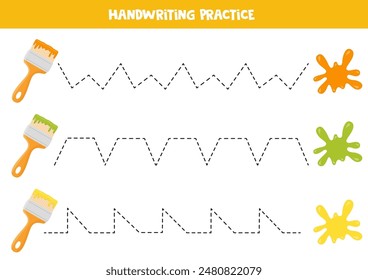 Verfolgungslinien für Kinder. Pinsel und Farbflecken malen. Handschriftverfahren für Kinder.