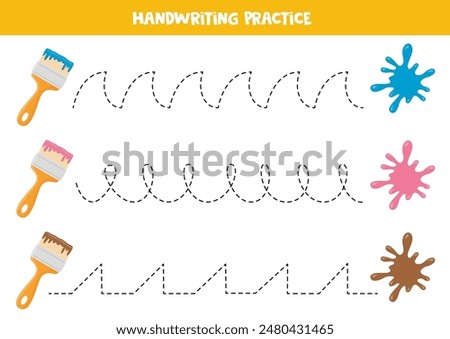 Tracing lines for kids. Paint brushes and paint blobs. Handwriting practice for children.