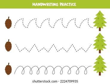 Tracing lines for kids with pine and pine cone. Handwriting practice.