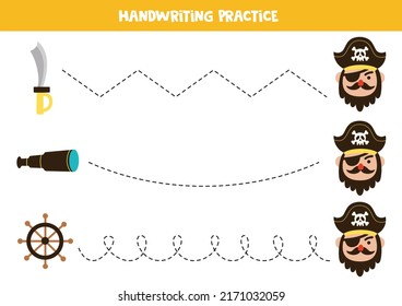 Tracing lines for kids with pirate items. Handwriting practice.