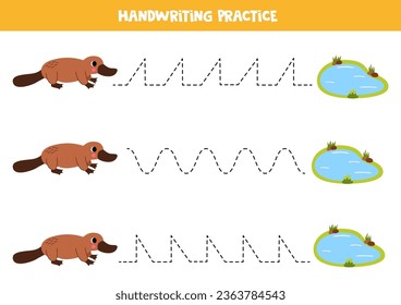 Tracing lines for kids. Platypus and water pond. Handwriting practice for children.