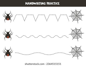Tracing lines for kids. Red back spider and web. Handwriting practice for children.