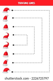 Tracing lines for kids with red Santa Claus hats. Handwriting practice.