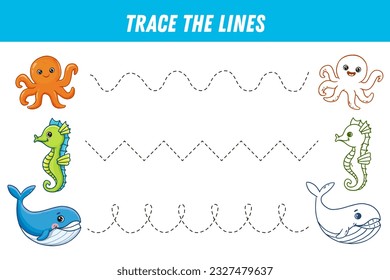 Tracing lines for kids. Sea animals. Handwriting practice. Educational game for preschool kids. Activity page. Vector illustration. 