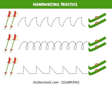 Tracing lines for kids with ski and ski poles. Handwriting practice.