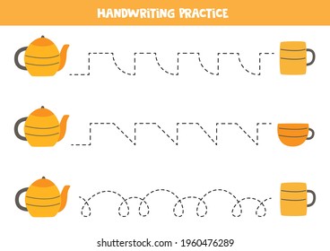 Tracing lines for kids with tea pot and mugs. Handwriting practice for children.