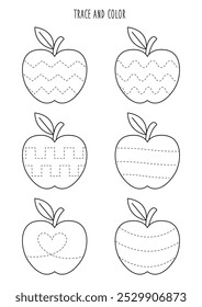 Tracing lines for kids. Trace and color apples. Handwriting practice.